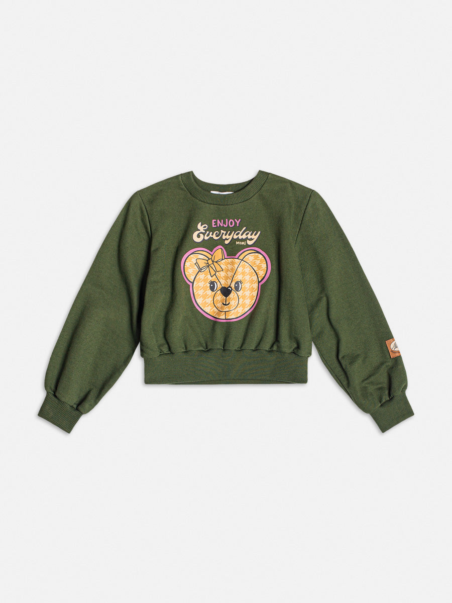 Conjunto Infantil Momi Inverno Shorts Saia Verde e Moletom Sem Flanela Ursinho