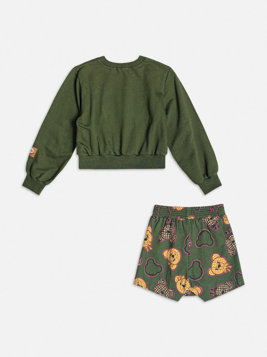 Conjunto Infantil Momi Inverno Shorts Saia Verde e Moletom Sem Flanela Ursinho