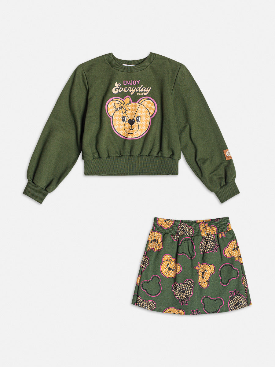 Conjunto Infantil Momi Inverno Shorts Saia Verde e Moletom Sem Flanela Ursinho