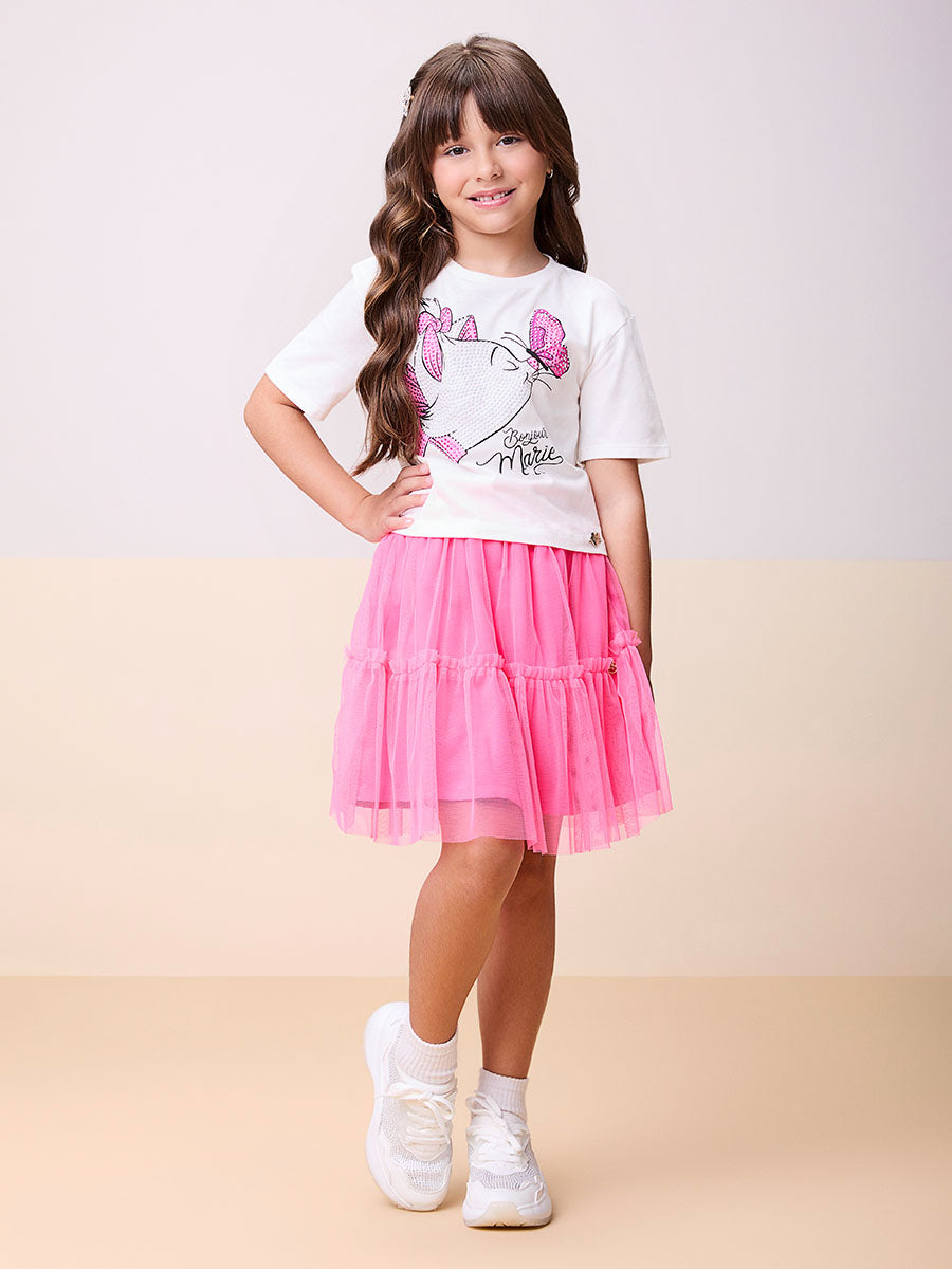 Conjunto Infantil Momi Verão Saia Tule e Blusa Gatinha Marie