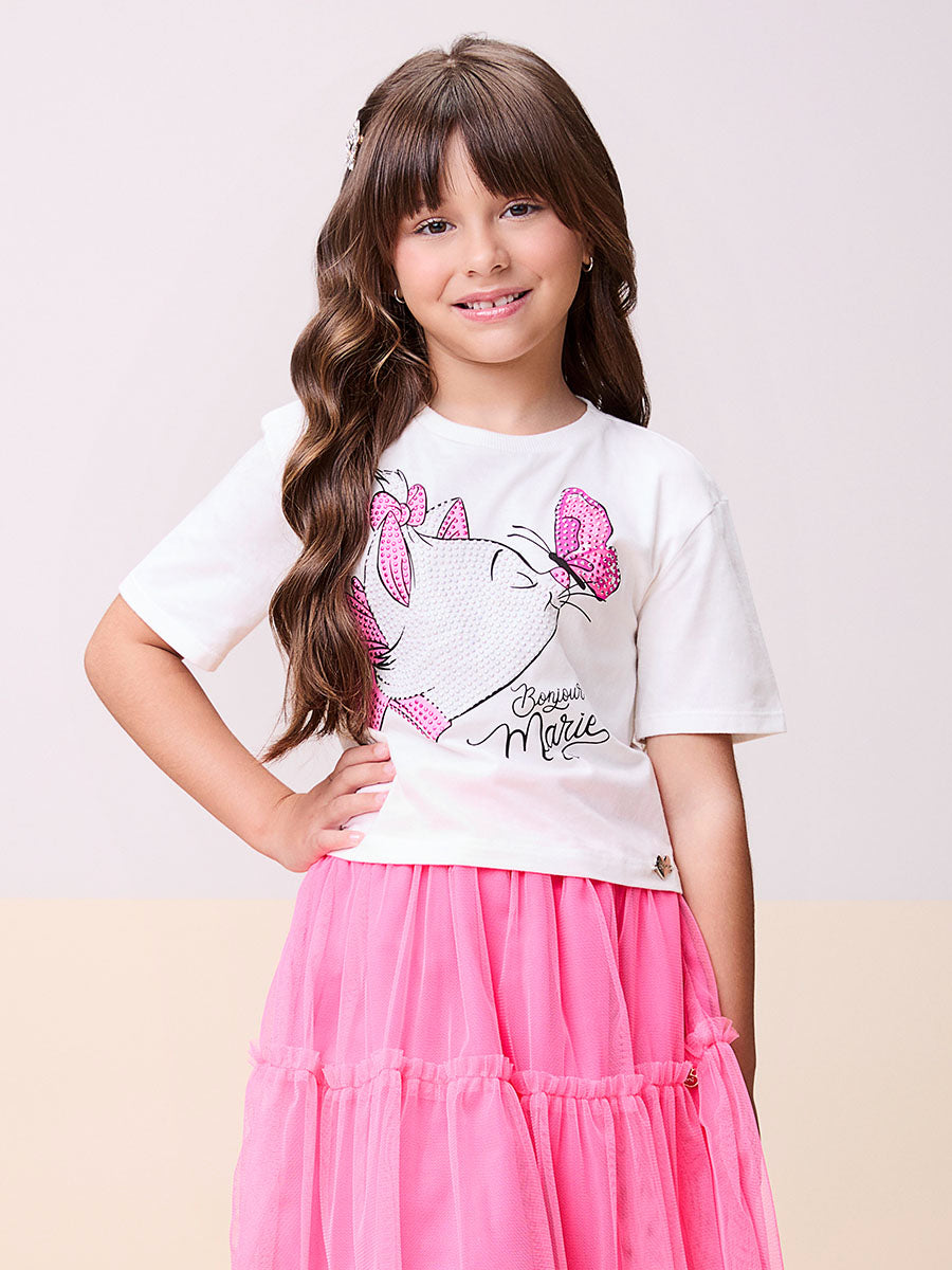 Conjunto Infantil Momi Verão Saia Tule e Blusa Gatinha Marie