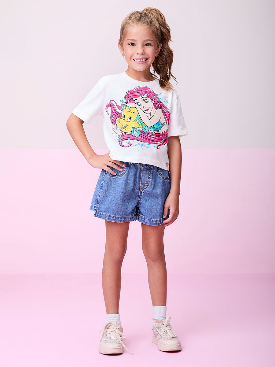 Conjunto Infantil Momi Verão Shorts Jeans e Blusa Pequena Sereia Disney
