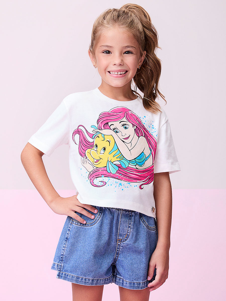 Conjunto Infantil Momi Verão Shorts Jeans e Blusa Pequena Sereia Disney