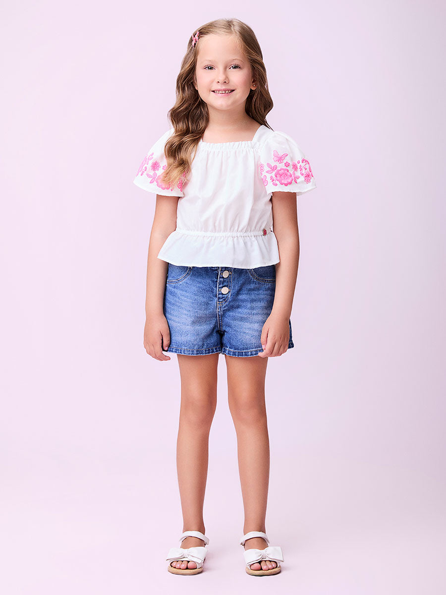 Conjunto Infantil Momi Verão Shorts Saia Rosa e Blusa Flor