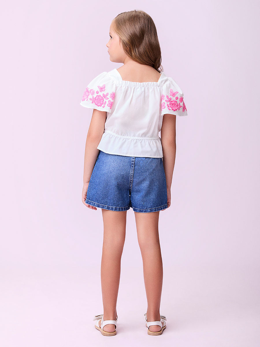 Conjunto Infantil Momi Verão Shorts Saia Rosa e Blusa Flor