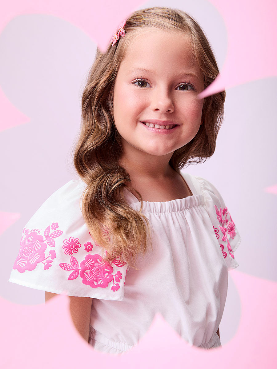 Conjunto Infantil Momi Verão Shorts Saia Rosa e Blusa Flor