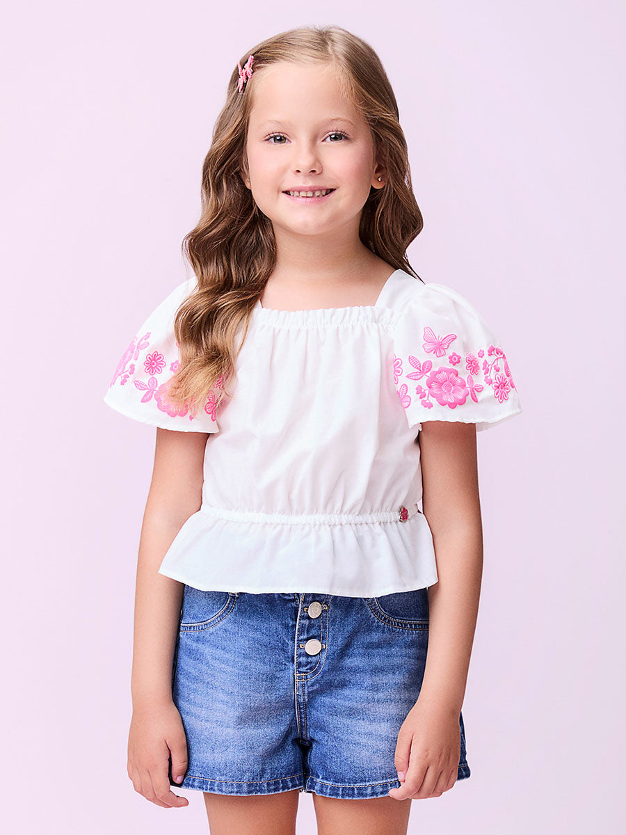 Conjunto Infantil Momi Verão Shorts Saia Rosa e Blusa Flor