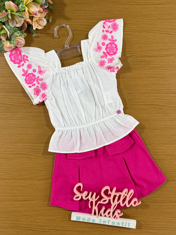 Conjunto Infantil Momi Verão Shorts Saia Rosa e Blusa Flor