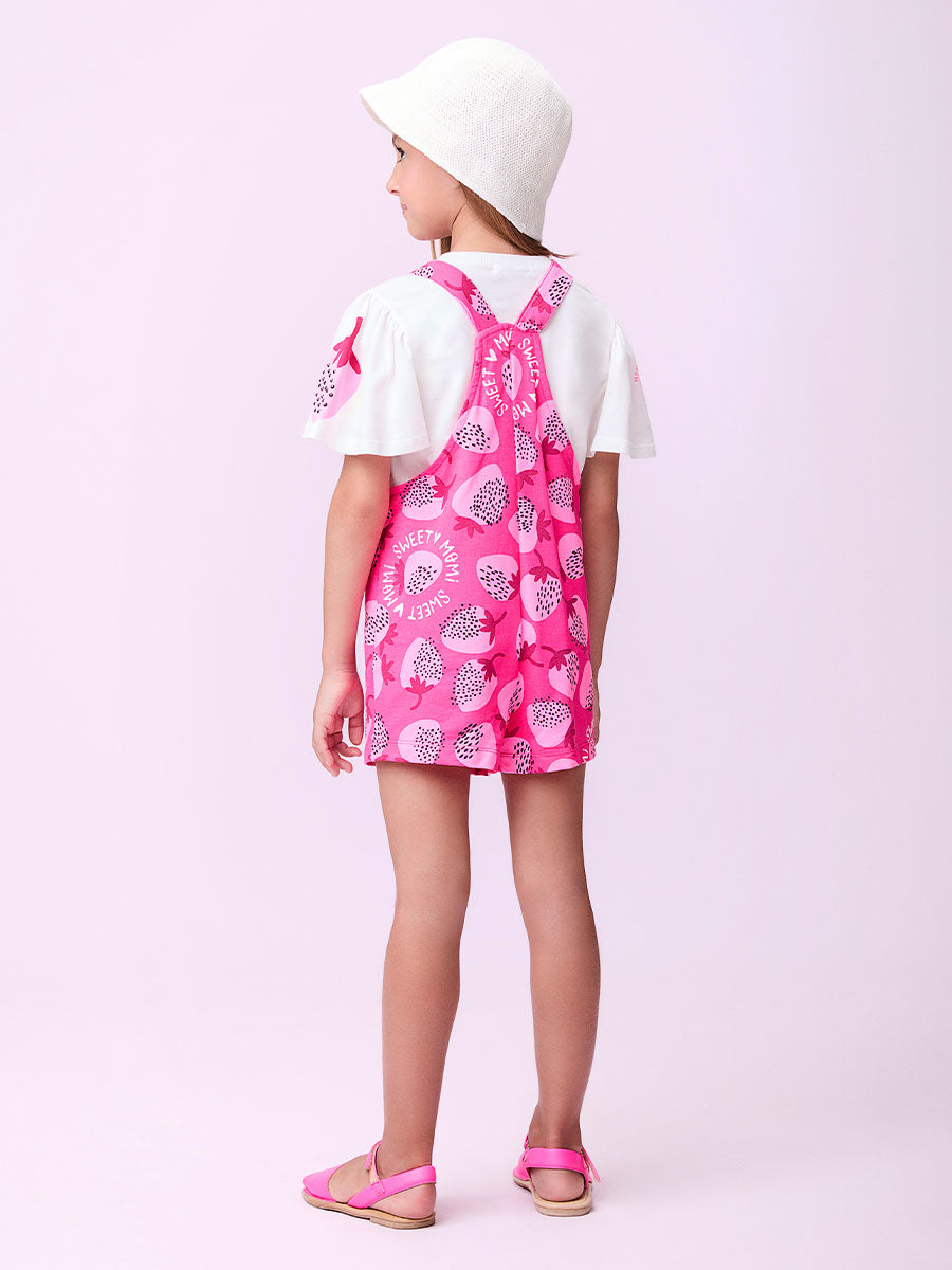 Jardineira Infantil Momi Verão Rosa Morango com Blusa
