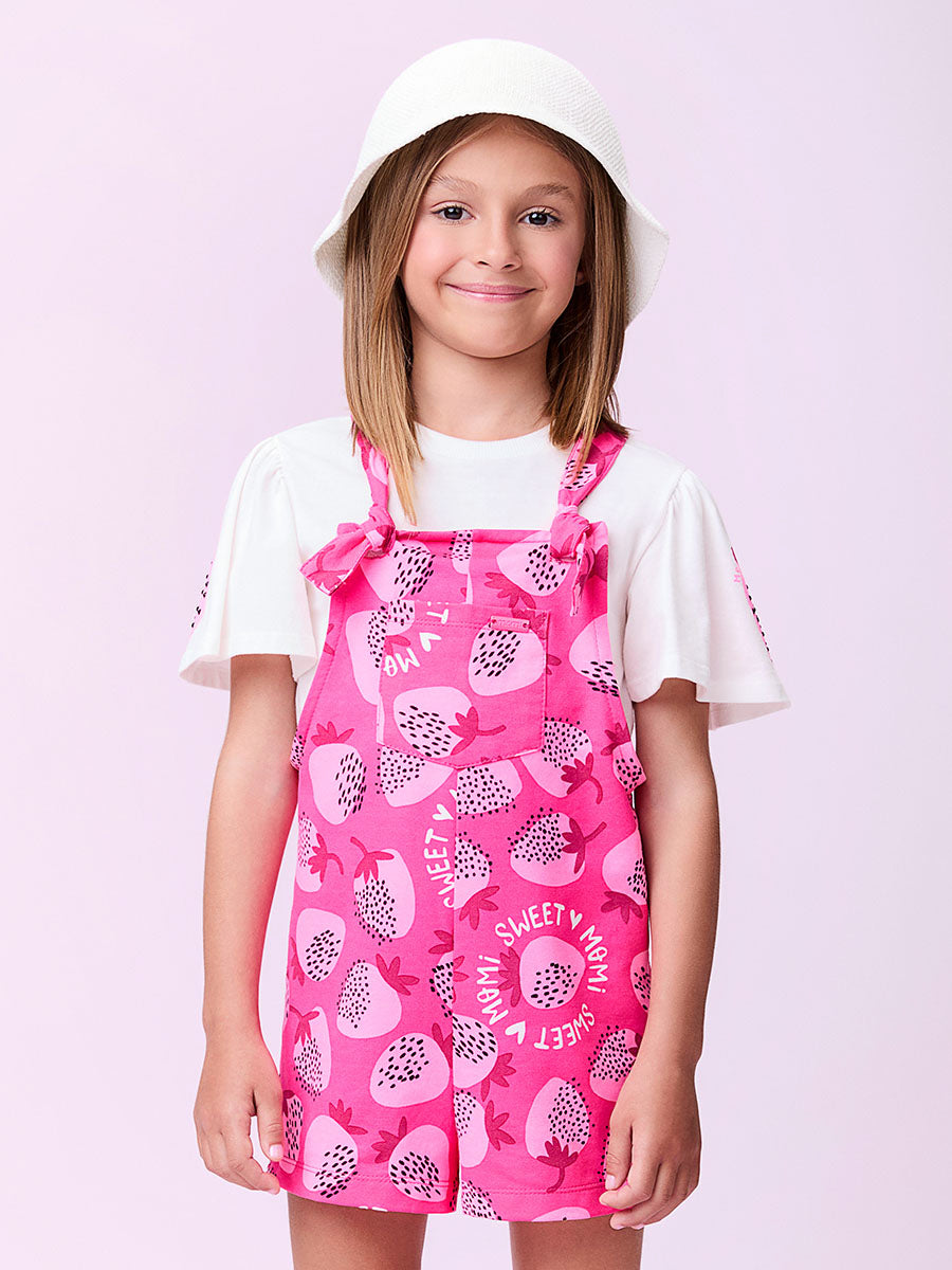 Jardineira Infantil Momi Verão Rosa Morango com Blusa