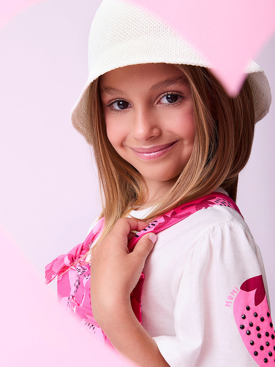 Jardineira Infantil Momi Verão Rosa Morango com Blusa
