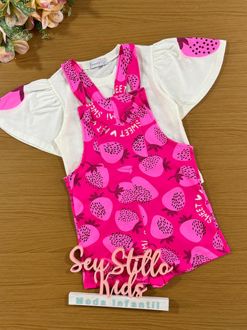 Jardineira Infantil Momi Verão Rosa Morango com Blusa