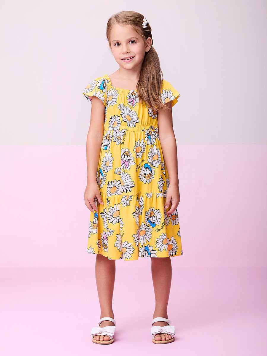 Vestido Infantil Momi Verão Amarelo Margarida e Donald Disney