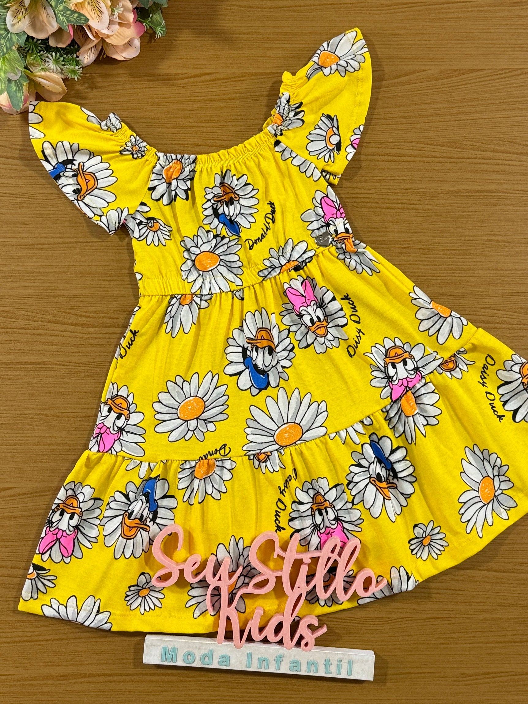 Vestido Infantil Momi Verão Amarelo Margarida e Donald Disney