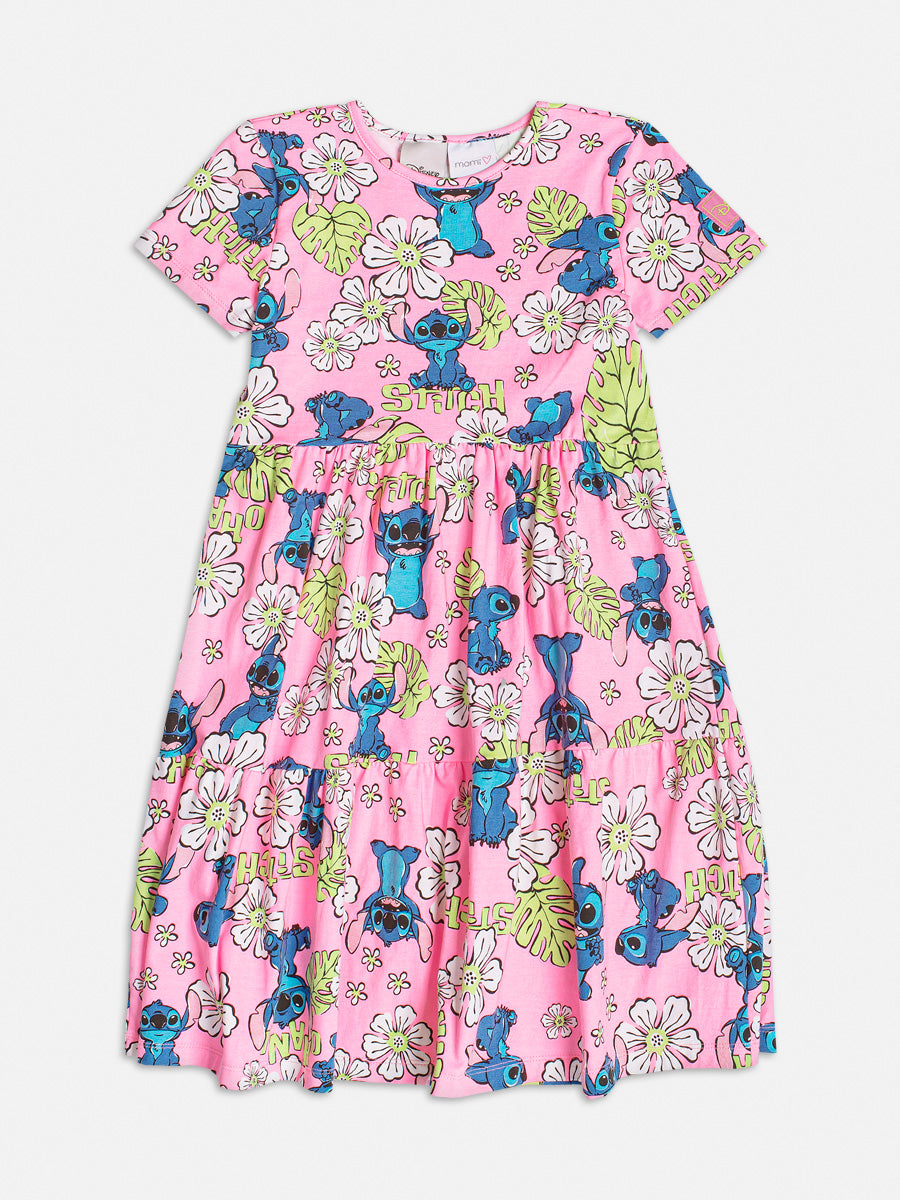 Vestido Infantil Momi Verão Rosa Stitch Disney