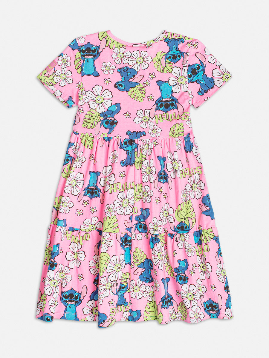 Vestido Infantil Momi Verão Rosa Stitch Disney