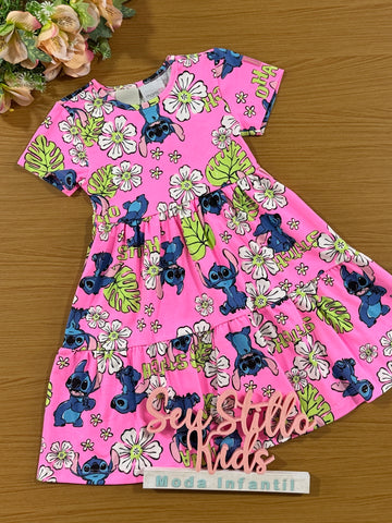 Vestido Infantil Momi Verão Rosa Stitch Disney