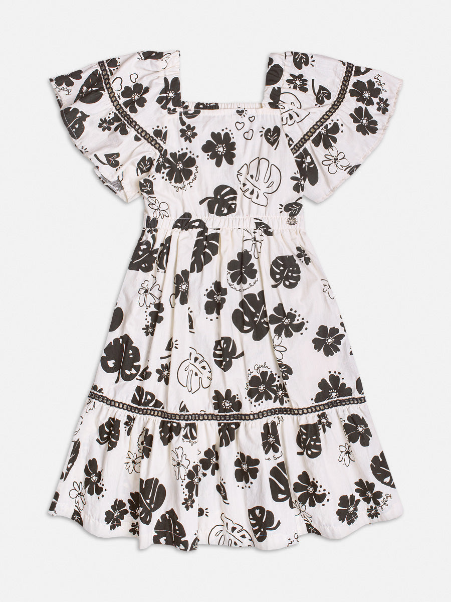 Vestido Infantil Momi Verão Preto e Branco Folhagens
