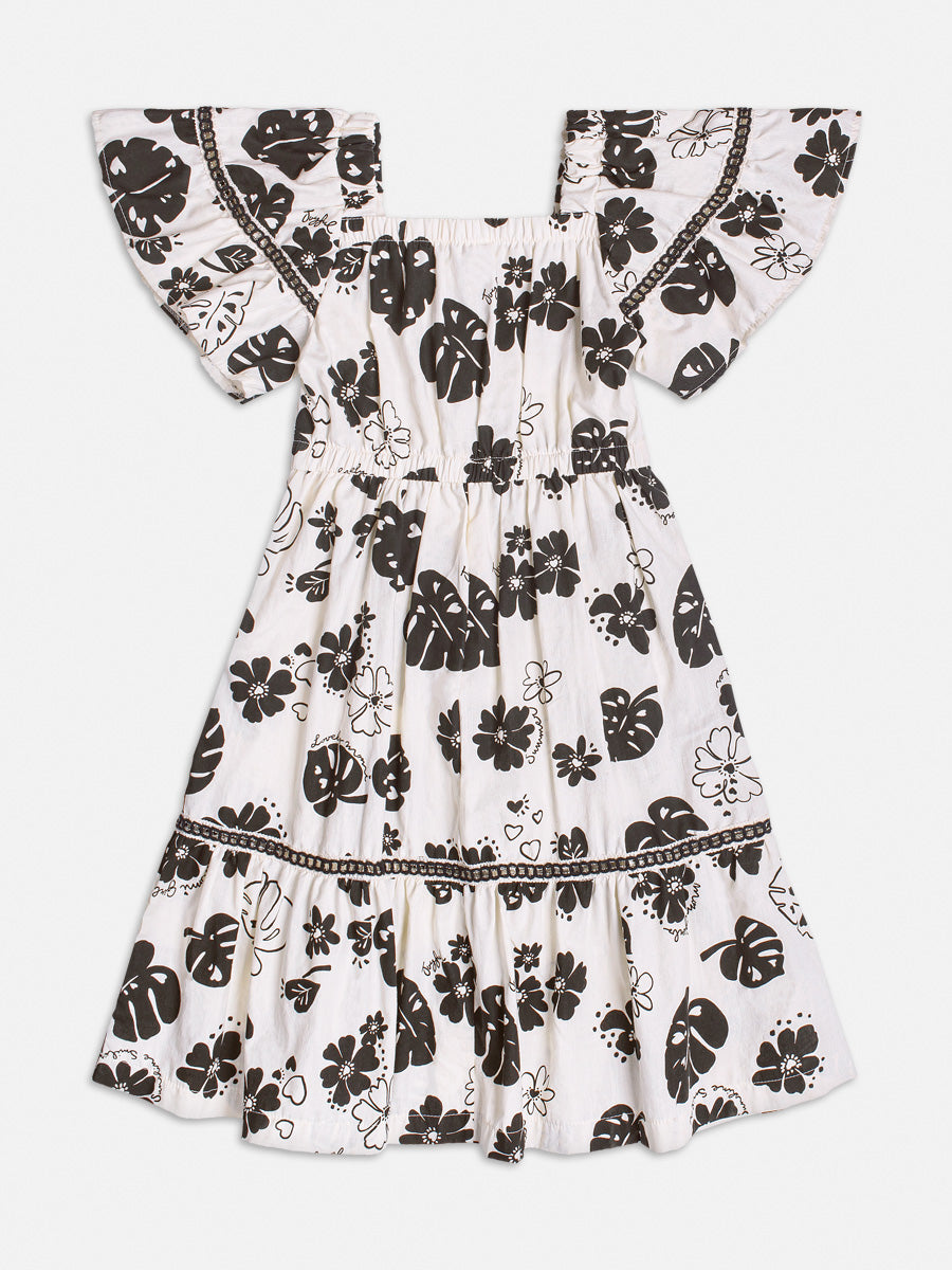 Vestido Infantil Momi Verão Preto e Branco Folhagens