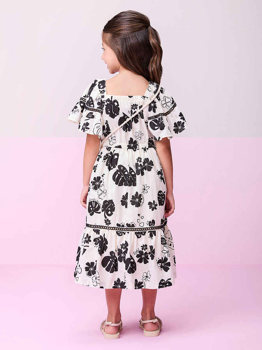Vestido Infantil Momi Verão Preto e Branco Folhagens