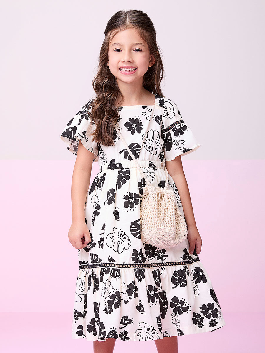 Vestido Infantil Momi Verão Preto e Branco Folhagens