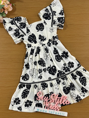 Vestido Infantil Momi Verão Preto e Branco Folhagens