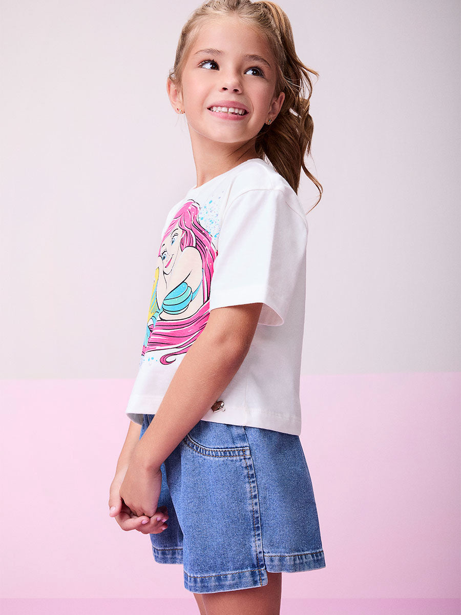Conjunto Infantil Momi Verão Shorts Jeans e Blusa Pequena Sereia Disney