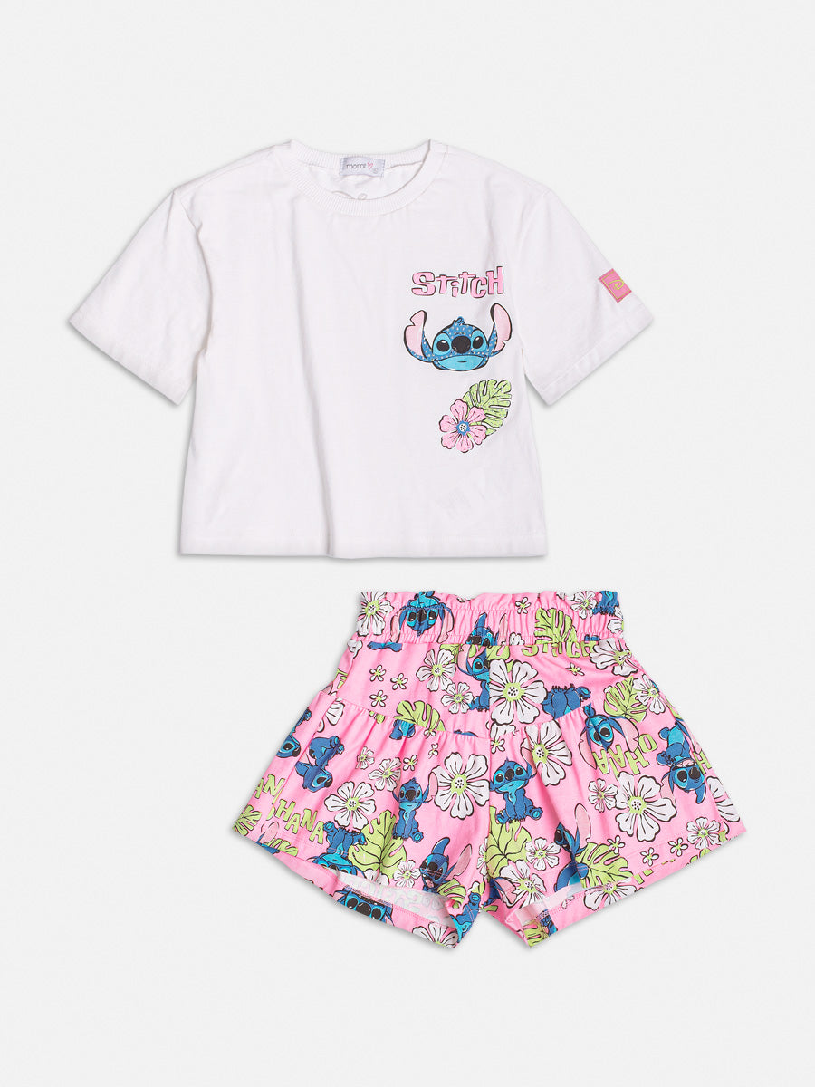 Conjunto Infantil Momi Verão Com Shorts Rosa e Blusa Stitch Disney