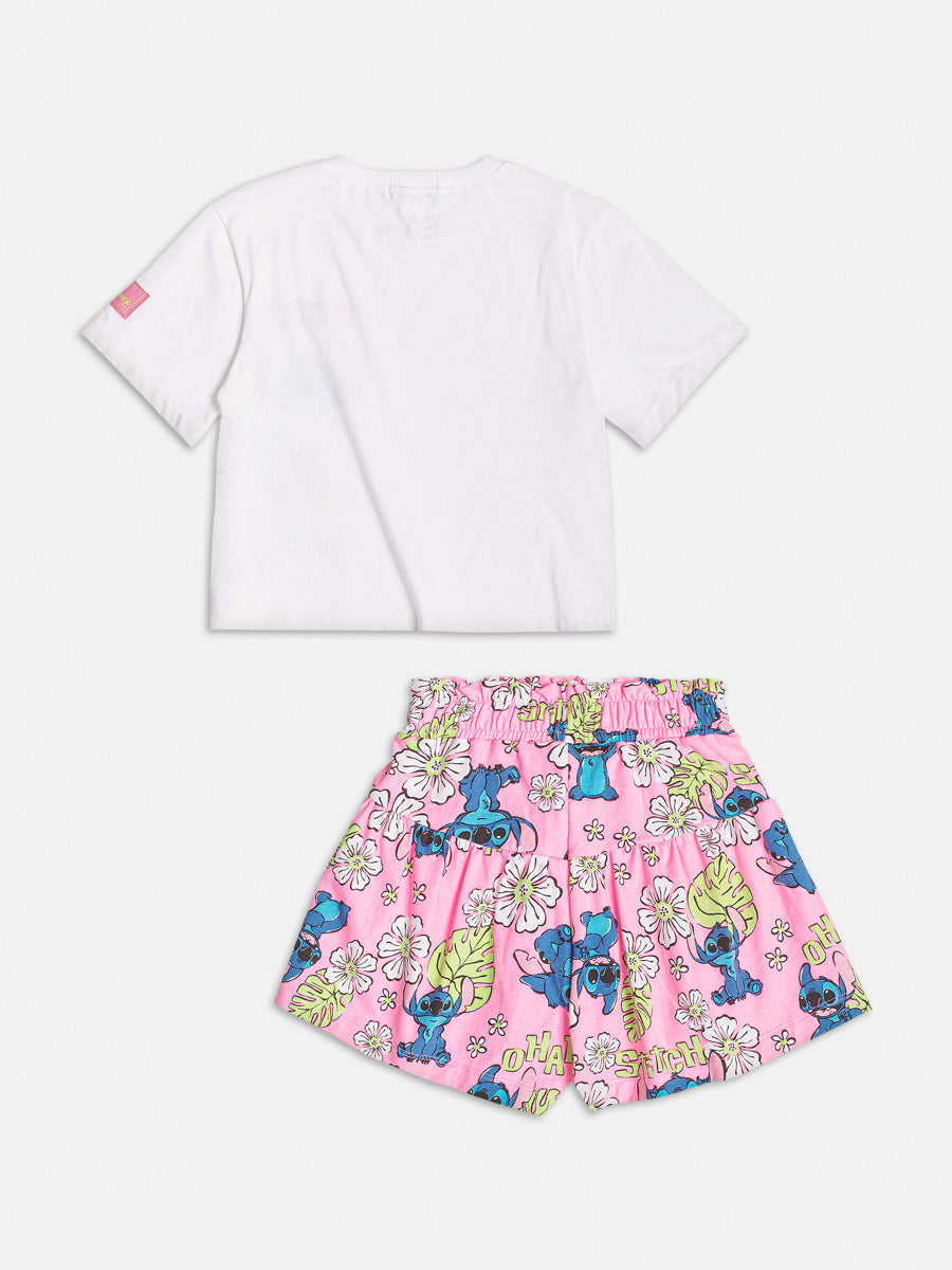 Conjunto Infantil Momi Verão Com Shorts Rosa e Blusa Stitch Disney