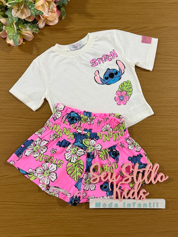 Conjunto Infantil Momi Verão Com Shorts Rosa e Blusa Stitch Disney