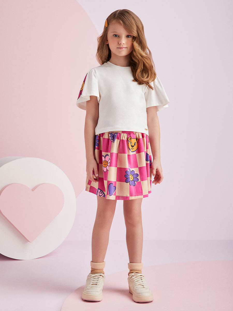 Conjunto Infantil Momi Inverno Saia e Blusa Manga Curta Florzinha