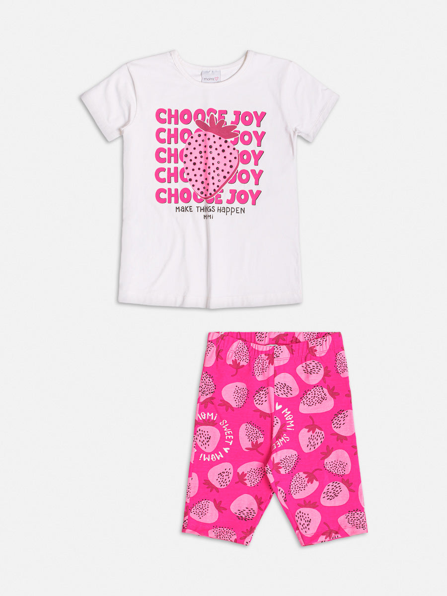 Conjunto Infantil Momi Verão Shorts Ciclista Pink e Blusa Morango