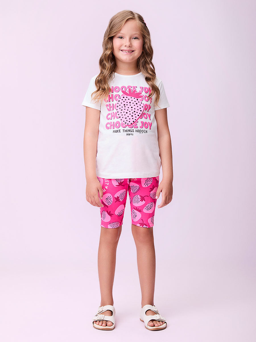 Conjunto Infantil Momi Verão Shorts Ciclista Pink e Blusa Morango