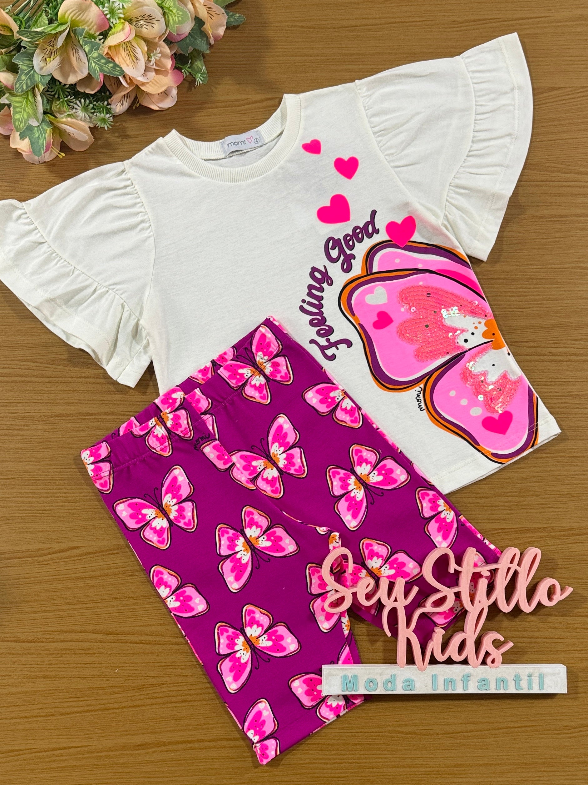 Conjunto Infantil Momi Verão Shorts Ciclista e Blusa Borboleta