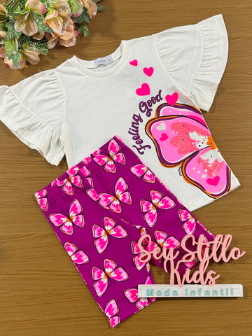 Conjunto Infantil Momi Verão Shorts Ciclista e Blusa Borboleta