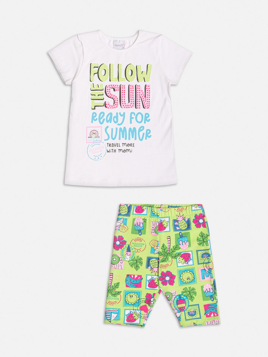 Conjunto Infantil Momi Verão Shorts Ciclista Verde e Blusa Summer