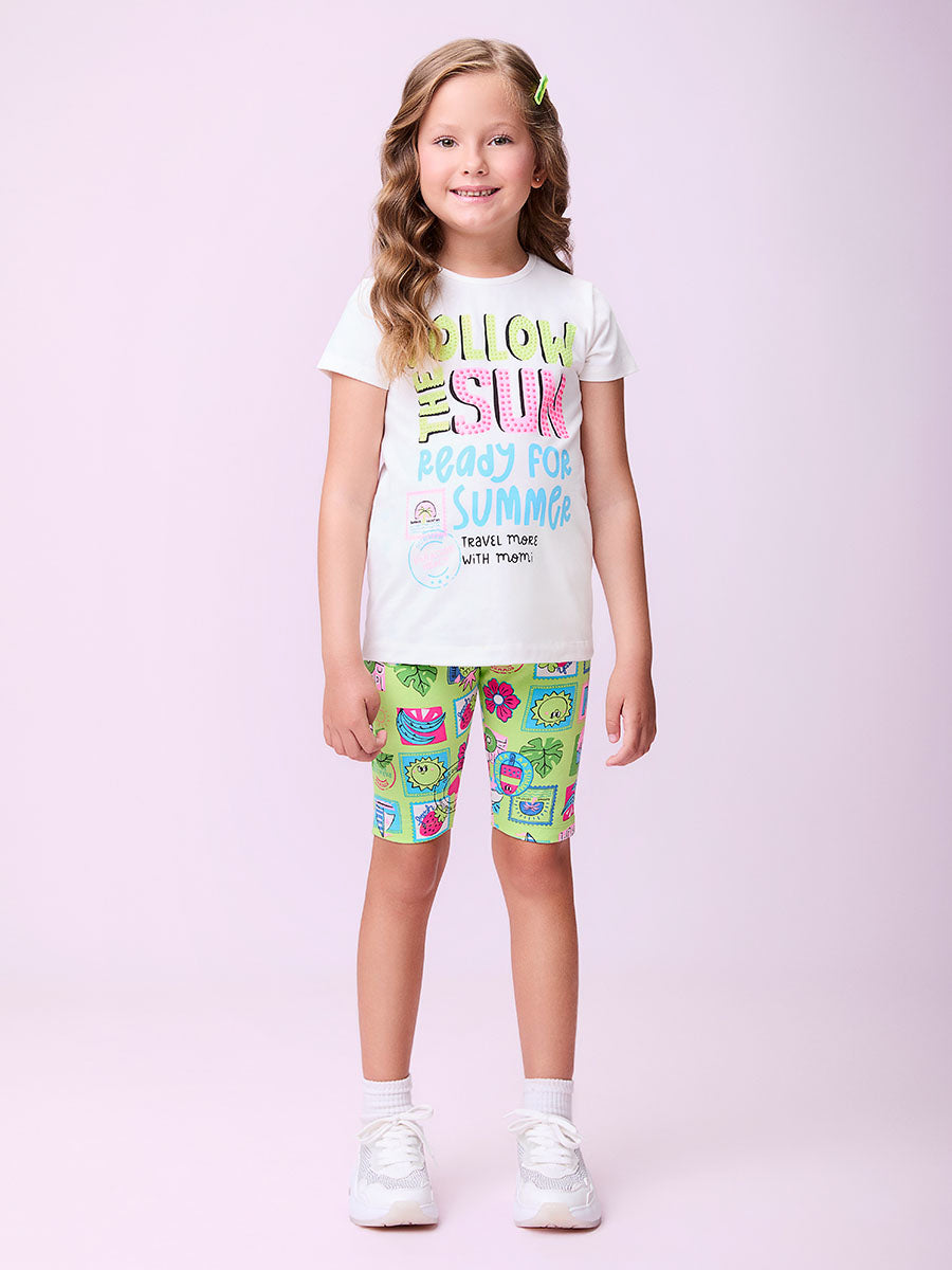Conjunto Infantil Momi Verão Shorts Ciclista Verde e Blusa Summer