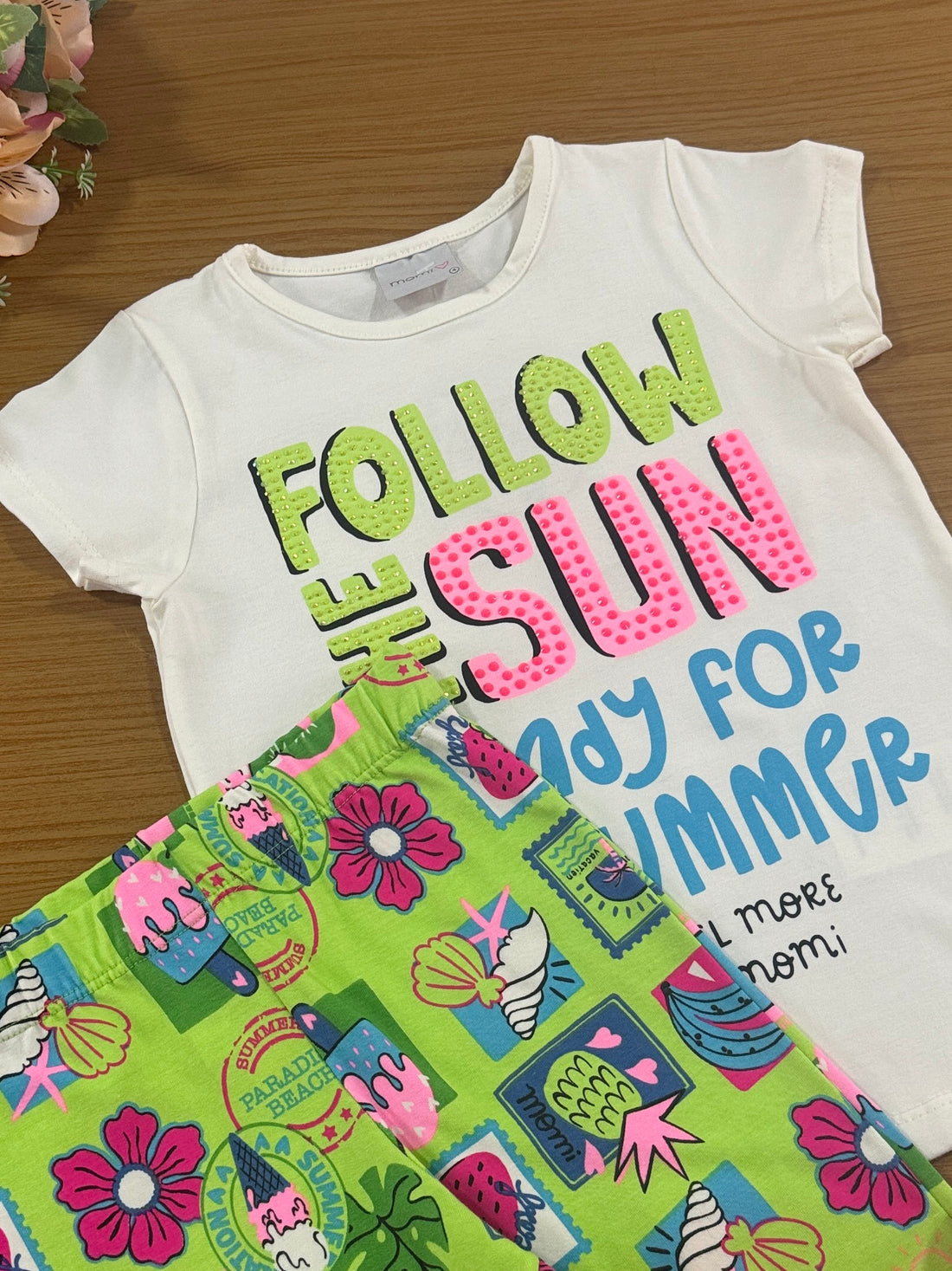 Conjunto Infantil Momi Verão Shorts Ciclista Verde e Blusa Summer