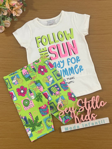 Conjunto Infantil Momi Verão Shorts Ciclista Verde e Blusa Summer