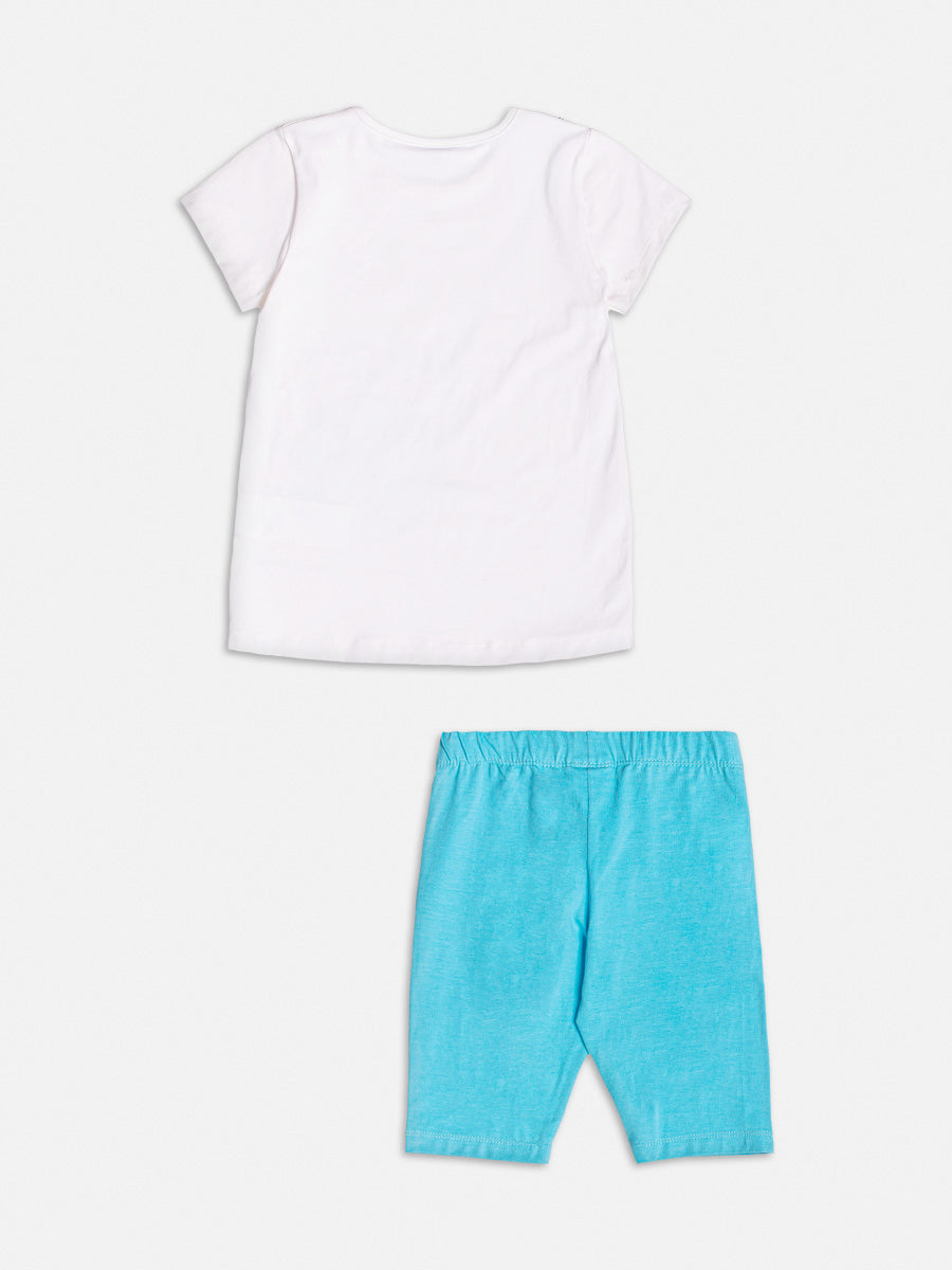 Conjunto Infantil Momi Verão Shorts Ciclista Azul e Blusa Bolsinha 3D