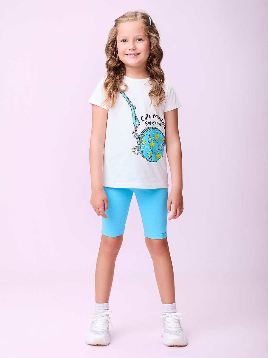 Conjunto Infantil Momi Verão Shorts Ciclista Azul e Blusa Bolsinha 3D