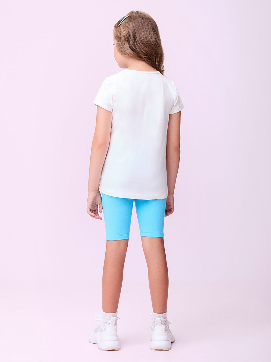 Conjunto Infantil Momi Verão Shorts Ciclista Azul e Blusa Bolsinha 3D