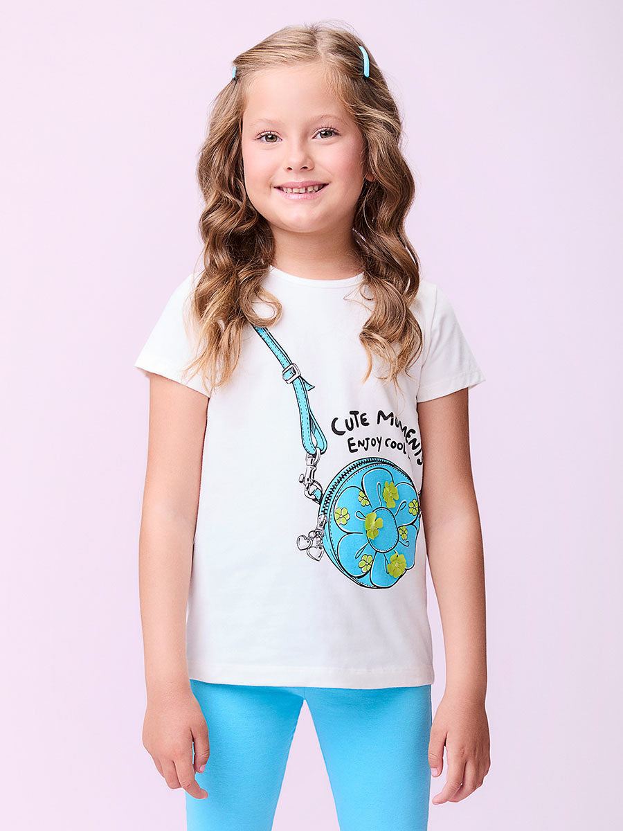 Conjunto Infantil Momi Verão Shorts Ciclista Azul e Blusa Bolsinha 3D