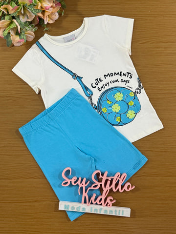 Conjunto Infantil Momi Verão Shorts Ciclista Azul e Blusa Bolsinha 3D