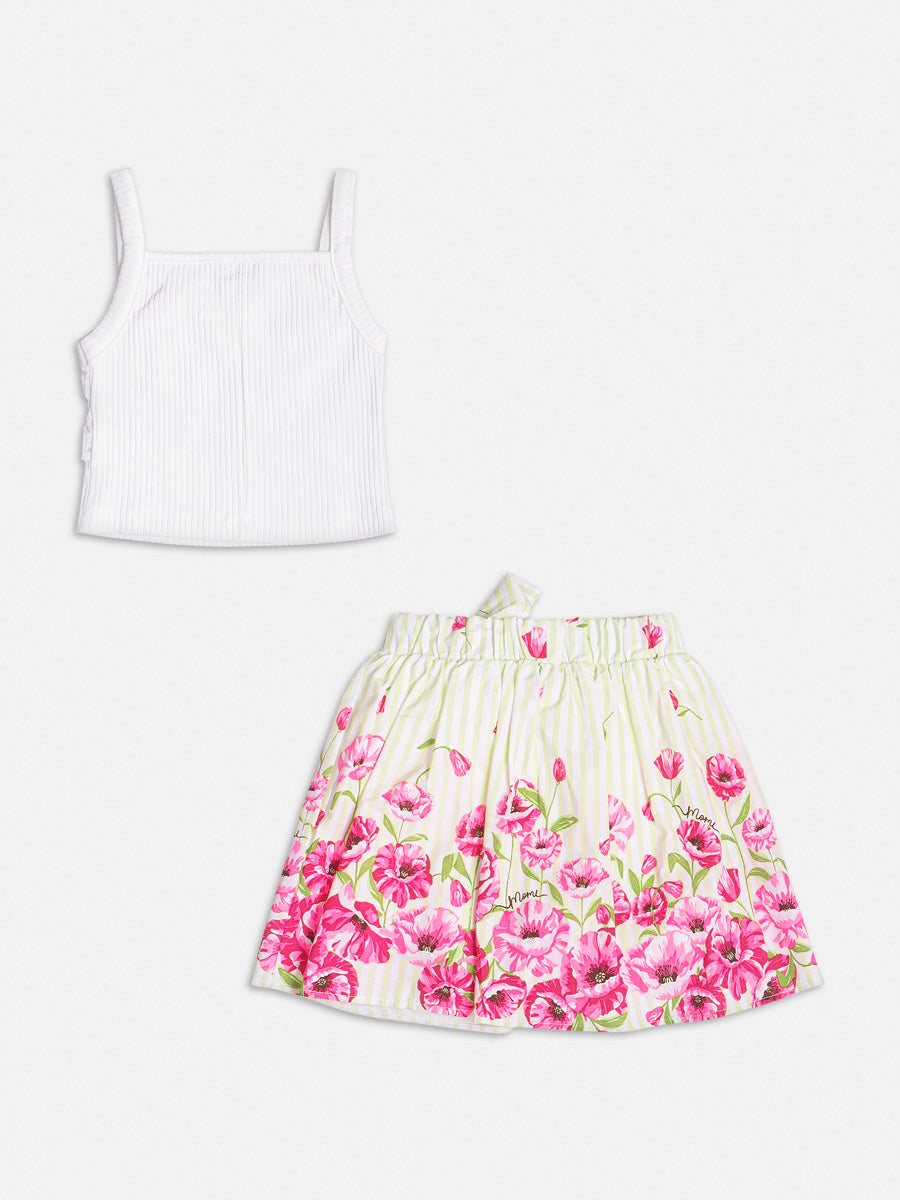Conjunto Infantil Momi Verão Saia Verde Flor e Blusa Regata