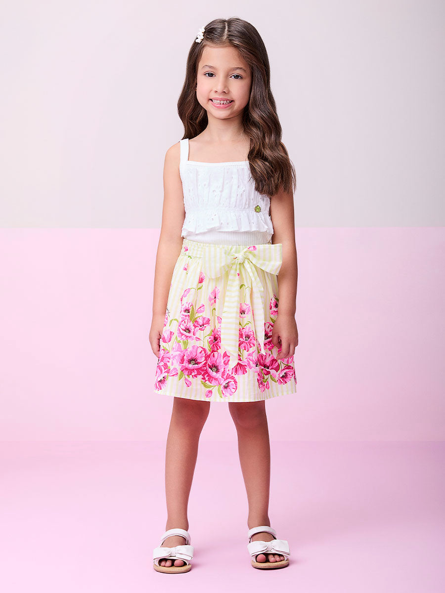 Conjunto Infantil Momi Verão Saia Verde Flor e Blusa Regata