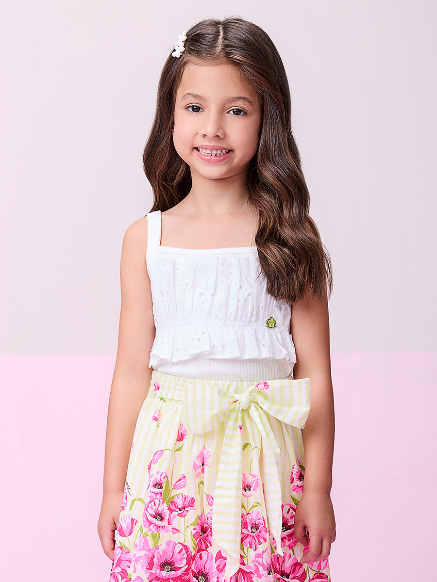 Conjunto Infantil Momi Verão Saia Verde Flor e Blusa Regata