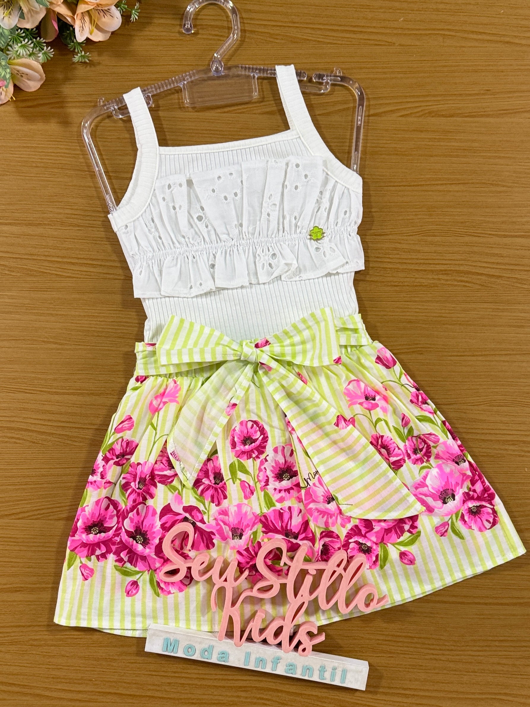 Conjunto Infantil Momi Verão Saia Verde Flor e Blusa Regata