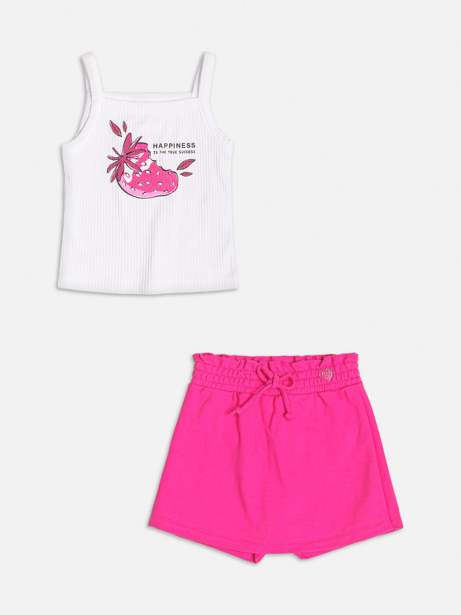 Conjunto Infantil Momi Verão Shorts Saia Rosa e Regata Morango