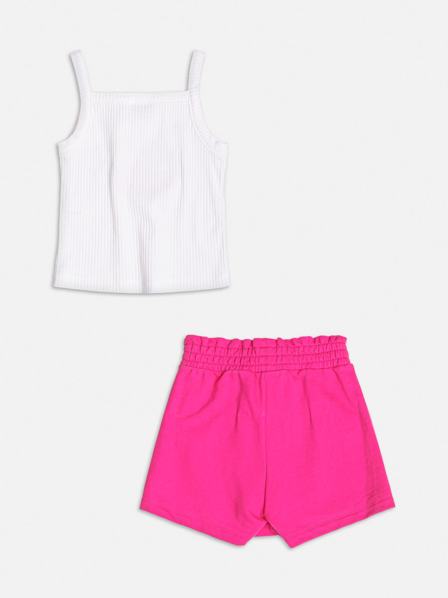 Conjunto Infantil Momi Verão Shorts Saia Rosa e Regata Morango